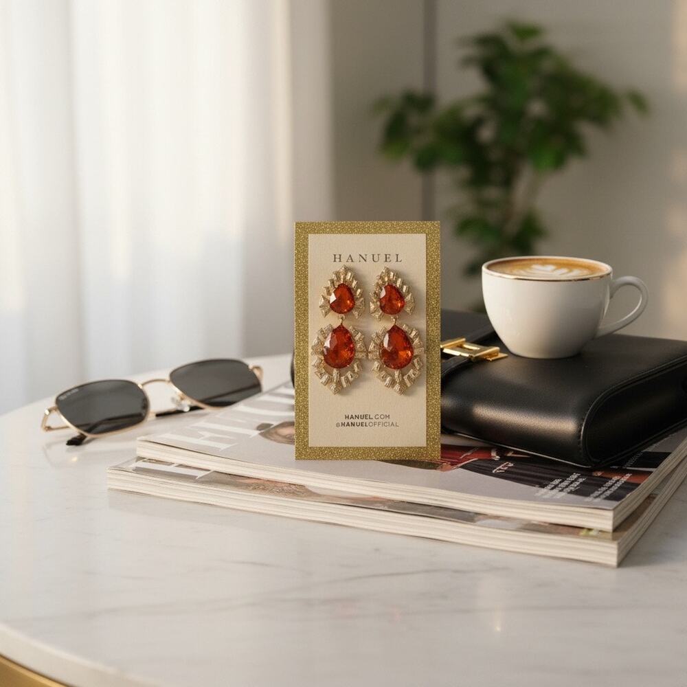 3/$25 - Red Crystal Statement Earrings Gold Tone Hanuel Bold Drop Jewelry